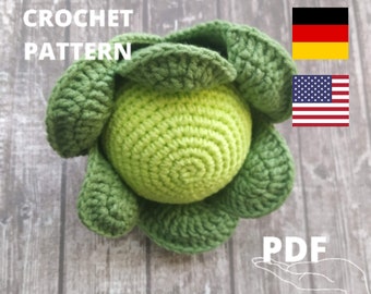 May include: Crochet pattern for a green cabbage amigurumi toy. The pattern is available in PDF format and includes instructions for both German and American English.