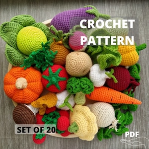 Set di 20 modelli di verdure amigurumi, cibo da gioco, modello facile da seguire