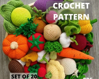 May include: A set of 20 crochet vegetable patterns, including a pumpkin, carrot, eggplant, broccoli, tomato, and more. The patterns are available as a PDF download. "CROCHET PATTERN SET OF 20 PDF"