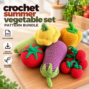 May include: A crochet summer vegetable set pattern bundle featuring a yellow pattypan squash, a green courgette, a yellow bell pepper, a red tomato, a purple aubergine, and a cluster of small red tomatoes with green stems on a wooden board.