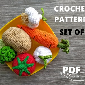 May include: Crochet pattern PDF for a set of five amigurumi vegetables: a carrot, potato, tomato, garlic, and broccoli. The vegetables are in a yellow bowl on a woodgrain background.