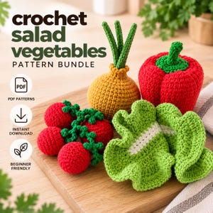 May include: A crochet salad vegetables pattern bundle featuring a yellow onion with green stalks, a red bell pepper, a cluster of red tomatoes on a green vine, and a green lettuce leaf. Text includes crochet salad vegetables pattern bundle.