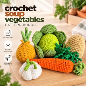 May include: A crochet soup vegetables pattern bundle featuring a yellow onion, a green cabbage, a tan potato, a white garlic bulb, and an orange carrot. The text reads crochet soup vegetables pattern bundle, PDF patterns, instant download, beginner friendly.