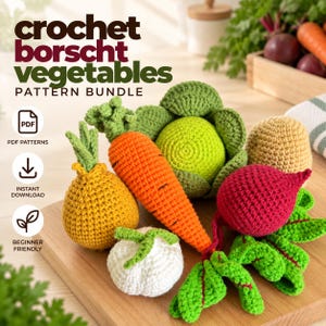 Può includere: Un set di schemi all'uncinetto intitolato crochet borscht vegetables pattern bundle che include verdure in filato fatte a mano: una cipolla gialla, una carota arancione, un cavolo verde, aglio bianco, una patata beige e una barbabietola magenta.
