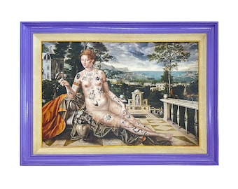 Tattooed Venus  Large Renaissance Pop Art Canvas  43&quot;x31&quot;  Hand-Painted Frame & Varnished Finish