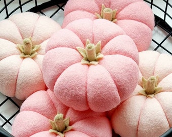 May include: A basket filled with five pink felt pumpkins. The pumpkins have a light pink color and are decorated with a green felt stem.