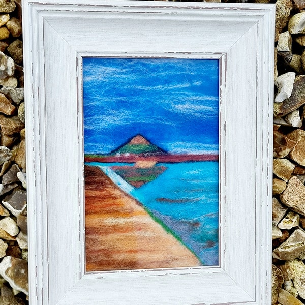 Michael Mountain Marazion Cornwall felted scene, Unique Wool painting for wall or table top, Frame art, Beautiful Hand Felted picture gift