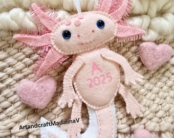Personalised Axolotl pink felt decoration, Axolotl Nursery ornament, Axolotl gift