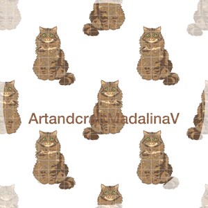 May include: A repeating pattern of brown tabby cats with long fur and green eyes on a white background. The text ArtandcraftMadalinaV is overlaid in brown across the center of the image. Each cat is depicted in a seated position facing forward.