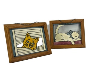 Vintage Stained Glass Set of 2 Cat Wall Window Panel In Wood Frame Handmade Slag Glass 70's Sun Catcher Framed Stained Glass Kitten Cottage