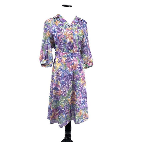 Vintage California Looks Midi Kleid Damen 22,5 Multicolor Floral 3/4 Ärmel Button Up Fit & Flare Gr. 22