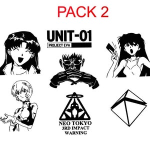Pu&ograve; includere: Illustrazioni vettoriali in bianco e nero di personaggi e simboli della serie anime Neon Genesis Evangelion. Le illustrazioni includono Unit-01, un personaggio con un'espressione sorpresa, un personaggio con le mani che si coprono il viso, un personaggio che tiene una carta di credito, una piramide e un simbolo con il testo "Neo Tokyo 3rd Impact Warning".