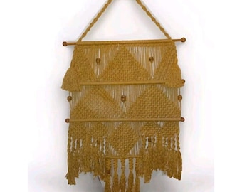 X-Large Vintage Macrame Wall Hanging Tribal Wood Beads Jute 31&quot;x56