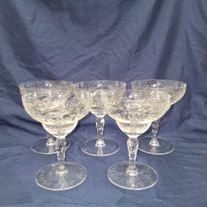 Libbey/Rock Sharpe Set of 5  Sherbet Champagne Floral, Cut Glass Stemware