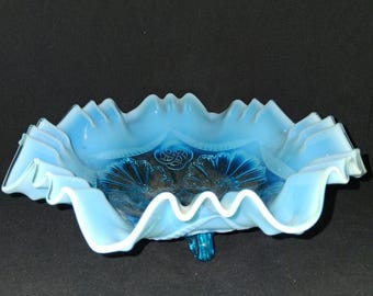 Jefferson Glass Turquoise Blue Opalescent Bowl Celtic Knot & Ruffled Edges 9.5&quot;