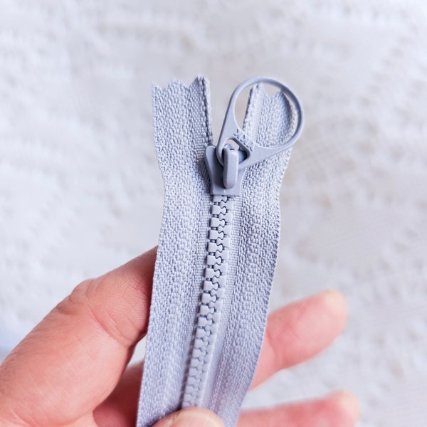 Set of 5 YKK 12" (30.5cm) #5 zippers in pale slate blue | White plastic zipper teeth & zipper pull in matching color | Glides super smoothly
