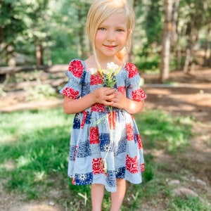 El vestido Miller // Vestido de patchwork con bandana // Vestido de vaquera // Vestido para bebé y niño pequeño // Vestido de picnic // Vestido con vuelo // Vestido del 4 de julio