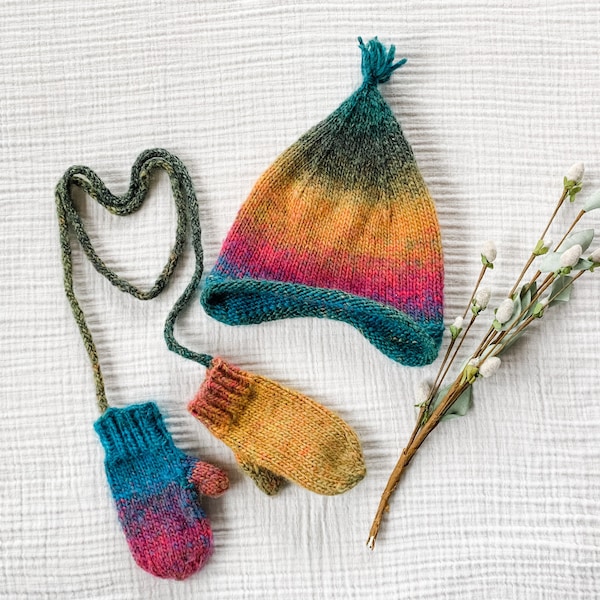 Baby-Toddler Rainbow Knitted Hat & Mittens Set // Ombré Knitted Hat and Matching Mittens // Handmade Knitted Hat and Mittens