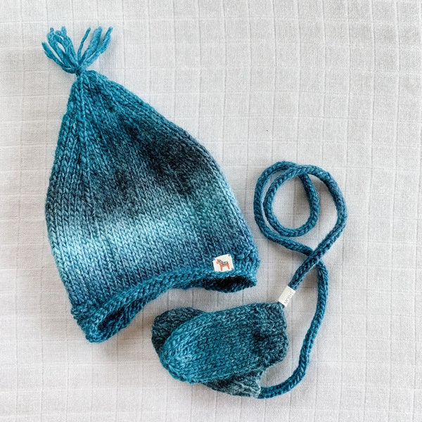 Blue Knitted Hat & Mittens Set // Ombré Blue Knitted Hat and Matching Mittens // Handmade Knitted Hat and Mittens for Baby-Toddler