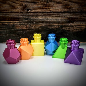 Polyhedral-Shaped Dice Bottles with matching wax seal-like lids from the Mythic Potions Collection by Ars Moriendi 3D - DnD, TTRPG, RPG