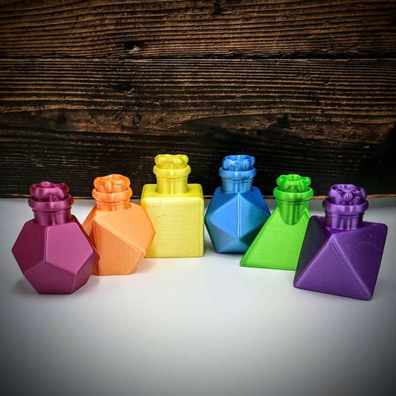 Polyhedral-Shaped Dice Bottles with matching wax seal-like lids from the Mythic Potions Collection by Ars Moriendi 3D - DnD, TTRPG, RPG