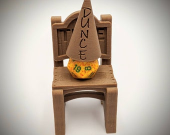 Timeout Chair and Dunce Cap for bad dice or phones - Punish your dice for bad rolls, or put your phone in time-out for distracting you