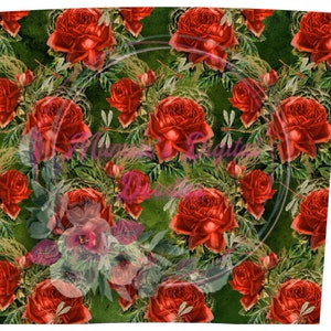 May include: A seamless pattern featuring red roses with green leaves and dragonfly accents on a dark green background.