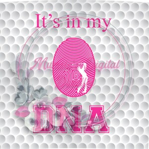 Könnte beinhalten: Ein weißer und grauer Golfball-Musterhintergrund mit einem rosafarbenen Fingerabdruckdesign und dem Text "It's in my DNA".