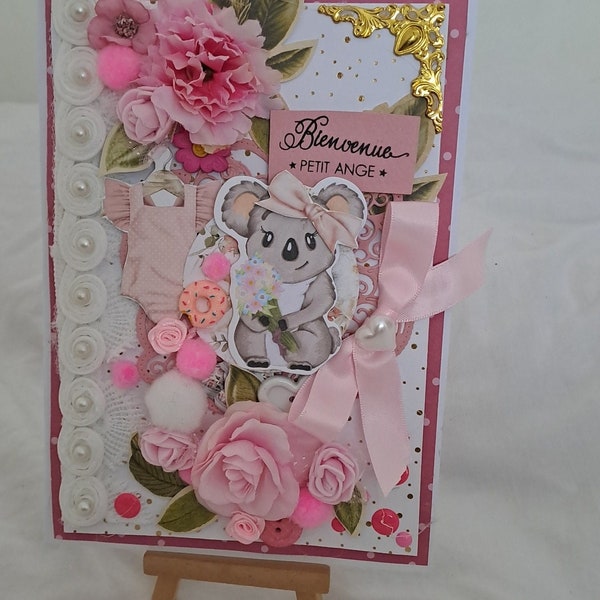 Carte fait main de style shabby, naissance bébé fille, scrapbooking, 3d