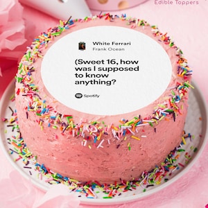 May include: A pink frosted cake with colorful sprinkles, a white Spotify edible topper, and the text "White Ferrari Frank Ocean (Sweet 16, how was I supposed to know anything?)". Party hats and decorations are in the background.