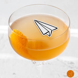 May include: A cocktail in a coupe glass with an orange peel garnish and a paper airplane edible topper. The drink has a light orange hue. The Edible Design Co. logo is in the bottom right corner.