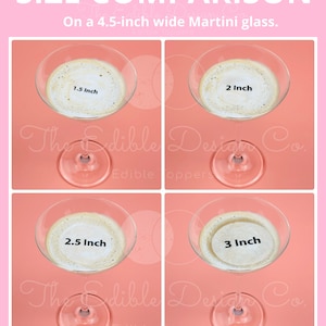 K&ouml;nnte beinhalten: Vier Bilder, die den Gr&ouml;&szlig;envergleich von essbaren Tortenauflegern in einem Martini-Glas zeigen. Die Aufleger haben einen Durchmesser von 1,5 Zoll, 2 Zoll, 2,5 Zoll und 3 Zoll. Der Text "The Edible Design Co." ist auf den Bildern zu sehen.