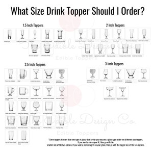 K&ouml;nnte beinhalten: Eine Tabelle, die verschiedene Gr&ouml;&szlig;en von essbaren Getr&auml;nke-Toppern f&uuml;r verschiedene Glasarten zeigt. Die Tabelle ist in vier Abschnitte unterteilt: 1,5 Zoll Topper, 2 Zoll Topper, 2,5 Zoll Topper und 3 Zoll Topper. Jeder Abschnitt zeigt eine Vielzahl von Glasformen, darunter Cocktailgl&auml;ser, Weingl&auml;ser, Biergl&auml;ser und Becher. Die Tabelle enth&auml;lt auch einen Hinweis darauf, dass einige Topper zu mehr als einer Glasart passen.
