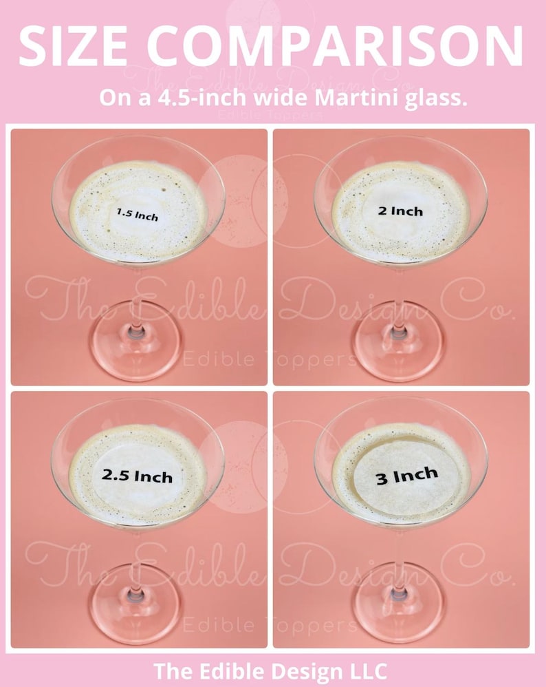 Puede incluir: Un gr&aacute;fico rosa muestra una comparaci&oacute;n de tama&ntilde;os de adornos comestibles en copas de Martini. El texto dice "COMPARACI&Oacute;N DE TAMA&Ntilde;O" y "En una copa de Martini de 11,4 cm de ancho". Cuatro copas muestran tama&ntilde;os de 3,8, 5,1, 6,4 y 7,6 cm.