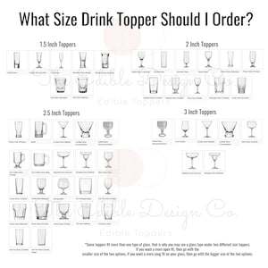 Puede incluir: Un gr&aacute;fico blanco titulado "&iquest;Qu&eacute; tama&ntilde;o de adorno para bebidas debo pedir?" muestra varios tipos de cristaler&iacute;a categorizados por tama&ntilde;os de adorno: 1,5, 2, 2,5 y 3 pulgadas. El gr&aacute;fico incluye texto e ilustraciones de diferentes estilos de vasos.