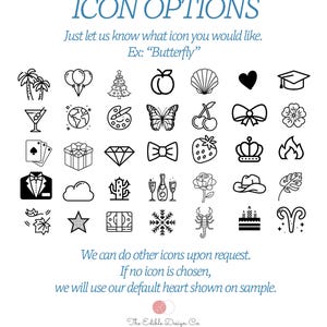 May include: A white background displays a variety of black line art icons, including a butterfly, graduation cap, and a cake. Text at the top reads "ICON OPTIONS." Additional text explains how to choose an icon. The Edible Design Co. logo is at the bottom.