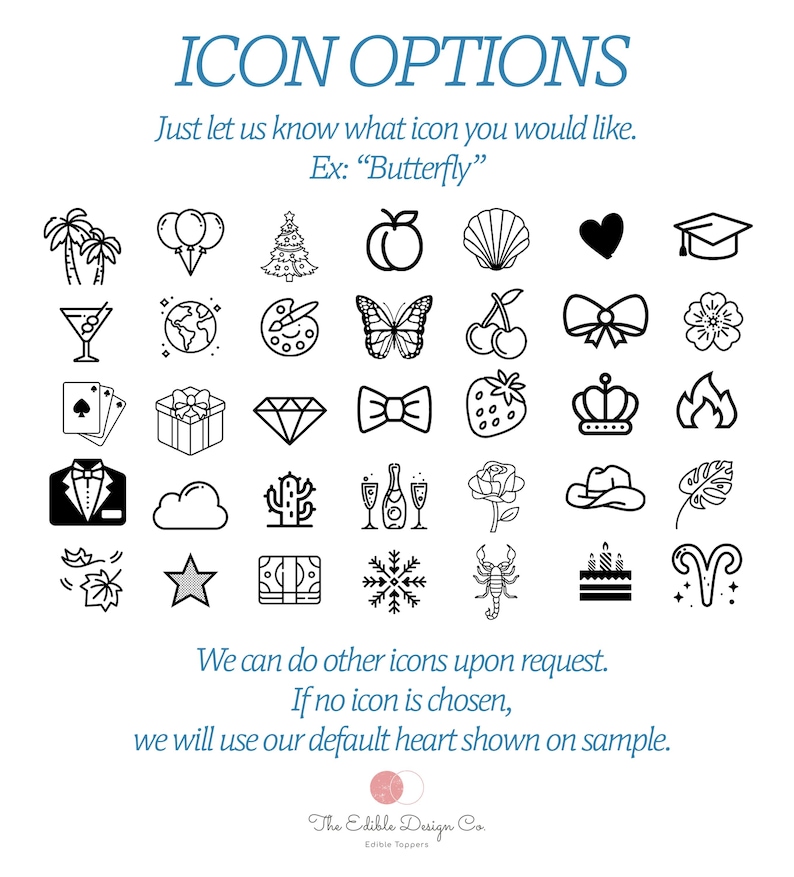 May include: A white background displays a variety of black line art icons, including a butterfly, graduation cap, and a cake. Text at the top reads "ICON OPTIONS." Additional text explains how to choose an icon. The Edible Design Co. logo is at the bottom.