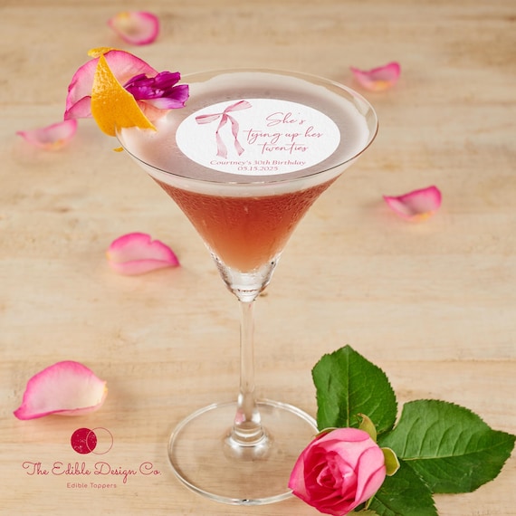 Custom coquette birthday EDIBLE Wafer drink topper, coquette bow topper, custom edible drink topper, tying up her twenties drink toppers