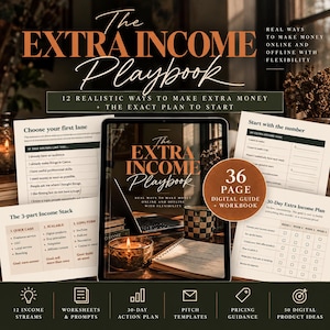 Puede incluir: Una guía digital y libro de ejercicios de 36 páginas titulado The Extra Income Playbook, que presenta 12 formas realistas de ganar dinero online y offline. El conjunto incluye hojas de trabajo, un plan de acción de 30 días y plantillas de venta.