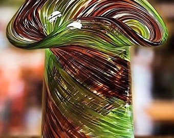 Murano-style, Hand-Blown Glass Vase, Green and Brown Swirl Pattern with Ruffle Top