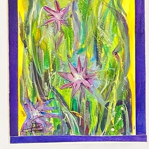 Green, Gold, Violet Garden,  Acrylic on Paper, Original Painting in wide mat