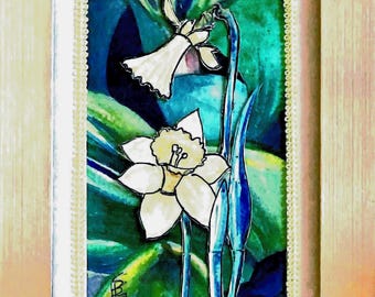3D Daffodils, Little Jewels Series, Original watercolor, 7x5&quot;