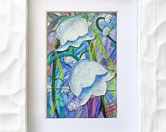 Lilies of the Valley, Little Jewels Series, Framed original painting.  8 3/4 x 6 5/8&quot;