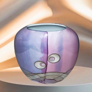 Vintage Oval Mauve and Gray Vase, 6.5 inches high, 6.75 inches wide