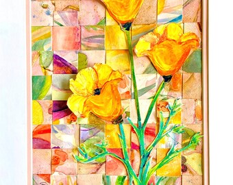 Collage-Painting, Three Poppies on Woven Grid, Original acrylic painting, 16&quot;&#39; x 11.5&quot;, white mat, pink liner
