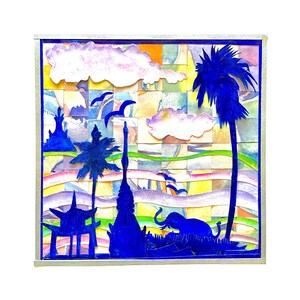 Collage-Painting, Thai Light, Original acrylic painting on woven grid, 15: square,