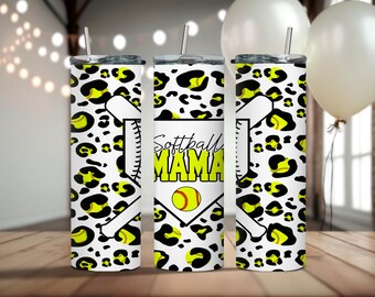 Softball Mama Tumbler Wrap PNG, 20 Unzen Skinny Tumbler Sublimationsdesign, Leopard Softball Mom Digitaler Download