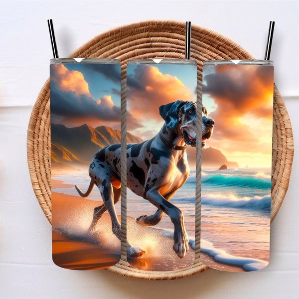 Great Dane Tumbler wrap, Beach Dog,  Great Dane png, Dog lover gift, Large breed art, Great Dane, sublimation, digital download