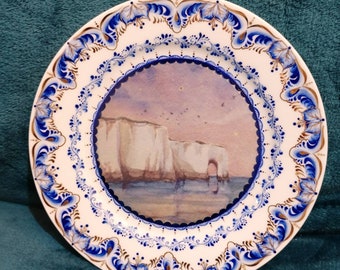 Broadstairs bone china dessert plates Kingsgate Bay hand painted blue and gold by Artist Lana Arkhi