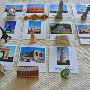Montessori Rund um die Welt Welt Wahrzeichen 3 Teilige Karten Miniaturen Haus Schule Klassenzimmer Lernkarten Spielzeug für Kinder